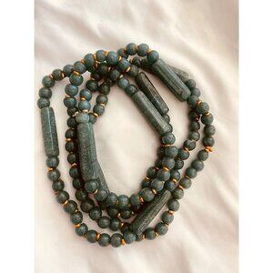 Art Glass Long Beaded Necklace Glass Jade Ice Green Tubular & Round w/ Brass 48"